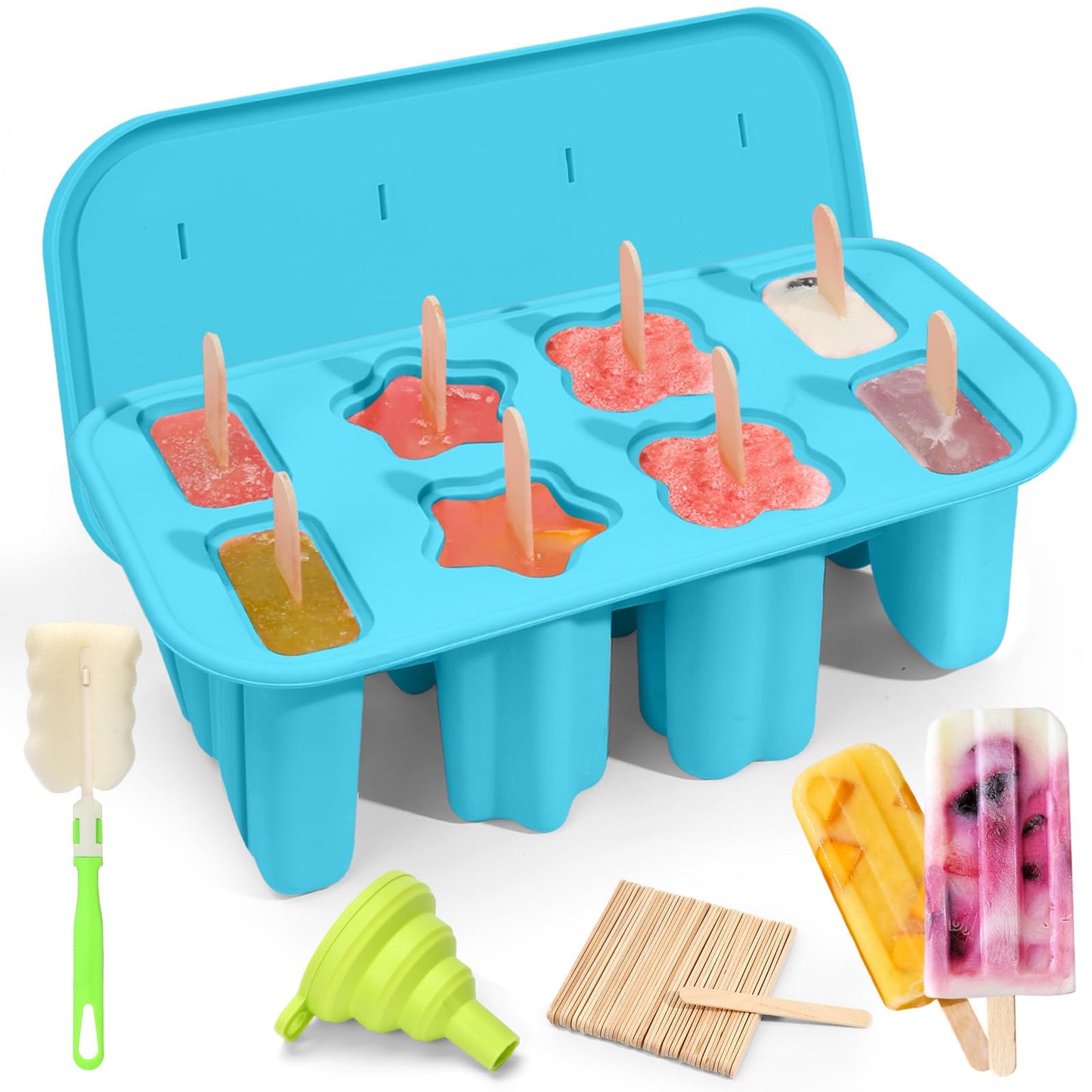 Firstfooby Popsicles Molds, 8-Cavity Silicone Popsicle Molds with 50 Sticks, BPA-Free Ice Pop Mold Popsicle Maker with Funnel & Cleaning Brush for Kids Adult Teens