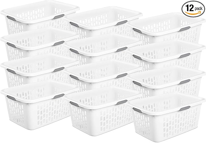 Sterilite Laundry Basket, Plastic Clothes Hamper, Large Rectangle Bin with Comfort Grip Handles and Reinforced Rim, 2 Bushel Capacity, White, 12 Pack