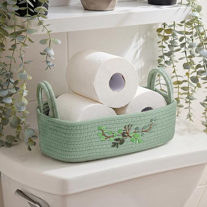 Vesici Eucalyptus Toilet Paper Basket Green Leaves Woven Cotton Rope Basket for Toilet Tank Top Botanical Bathroom Countertop Organizer for Bedroom Nursery Organizing, 13 x 6 x 4 Inch