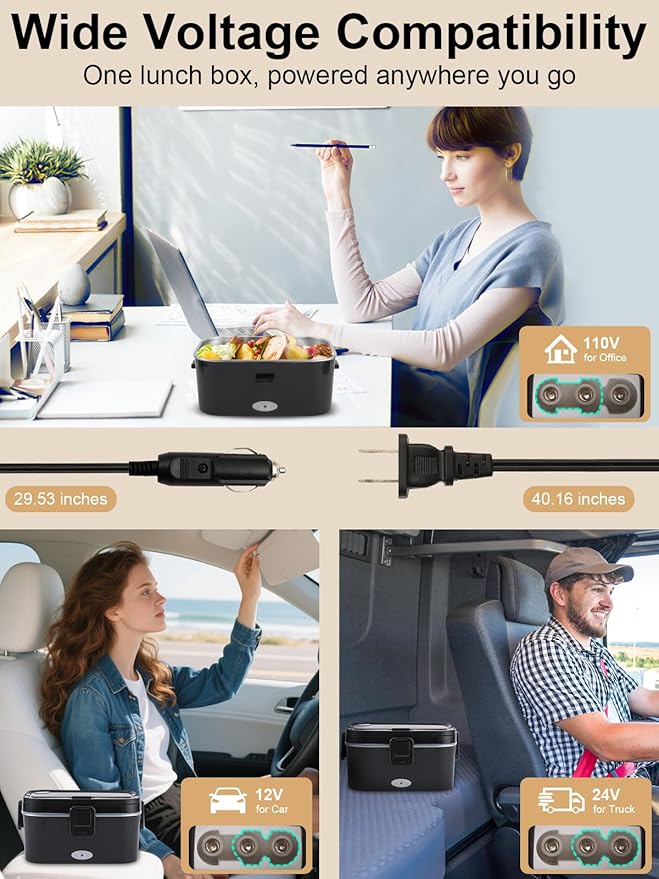 1.8L+0.5L Heated Lunch Box for Men, 80W Electric Lunch Box with Long-handled Utensils for Adults, 12V/24V/110V Lonchera Eléctrica Portátil, Portable Food Warmer for Car/Truck/Office (Black)