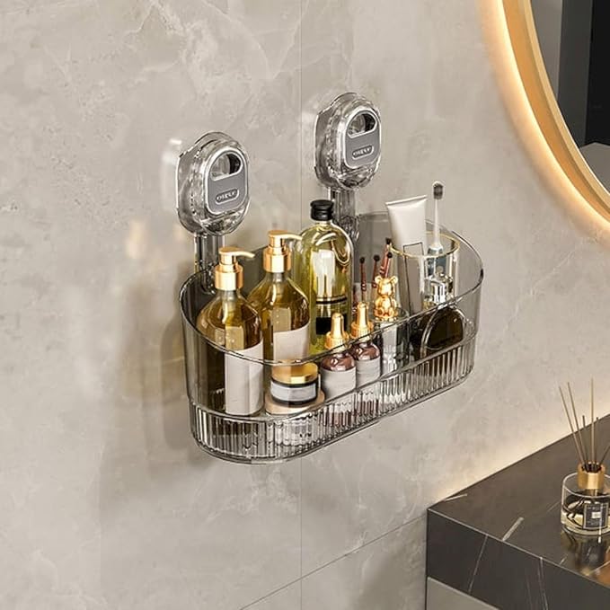 No-Drill Bathroom Suction Storage Box,Corrugated Suction Cup Storage Holder,Powerful Suction Storage Box,Removable Hanging Storage Basket, No Drilling Shelves Caddy, Ripple Acrylic Wall Shelf (Clear)
