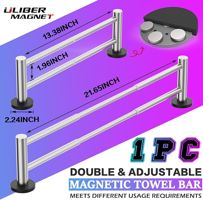 ULIBERMAGNET Magnetic Double Towel Bar, Adjustable Silver Heavy Duty Towel Holder, 22LB Capacity Non-Slip Magnetic Dishcloth Rod Rack for Refrigerator, Dishwasher, Laundry, RV, Kitchen