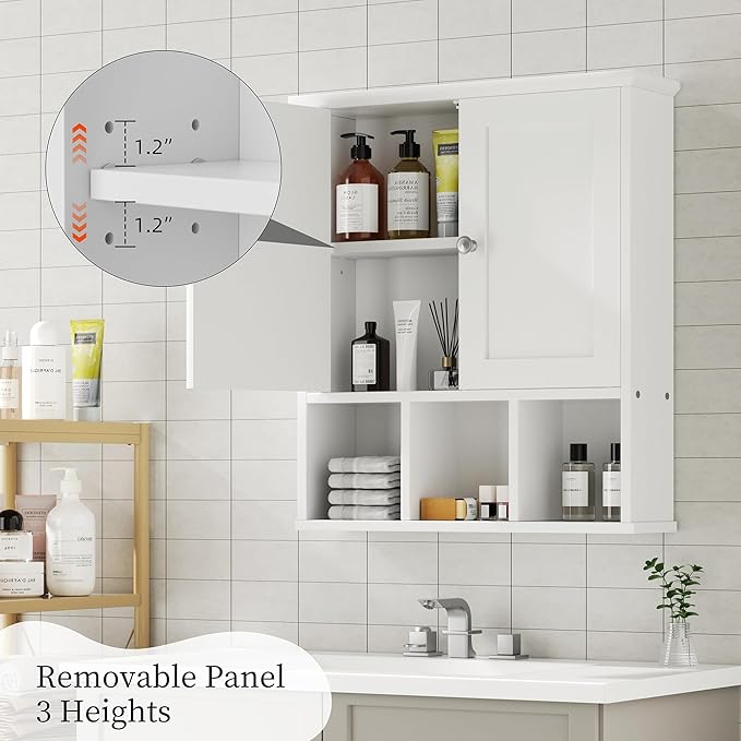Shintenchi Bathroom Wall Cabinet with Door, Storage Organizer Over The Toilet Medicine, Space Saving with Adjustable & Open Shelf, Solid White