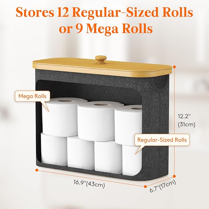 Lifewit Toilet Paper Storage Holder for 9 to 12 Rolls, Free Standing Toilet Paper Basket Stand with Bamboo Lid, Collapsible Fabric Bathroom Organizer Box for Mega Rolls, 23L, Large, Dark Gray