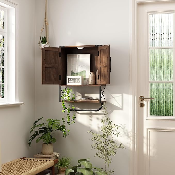 RUSTOWN Farmhouse Rustic Medicine Cabinet with Two Barn Door,Wood Wall Mounted Storage Cabinet with Adjustable Shelf and Towel Bar, 3-Tier Cabinet for Bathroom(Dark Walnut)
