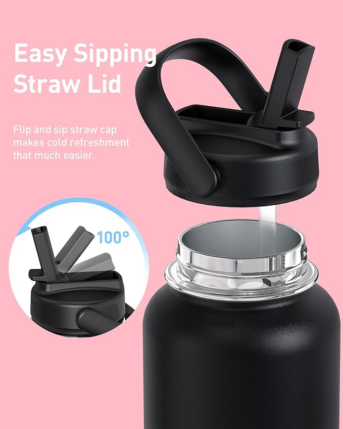 TOURIT 32 oz Insulated Water Bottle, Stainless Steel Bottle With Straw, Double Wall Vacuum Insulation for Cold and Hot Drinks, Leak Proof BPA Free Flask for Sports and Travel, Black