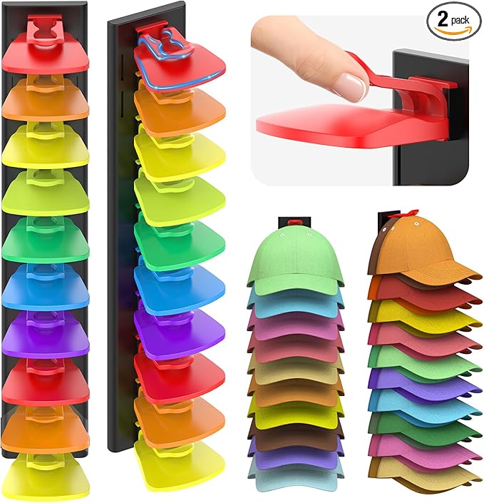 Hat Organizer for Baseball Caps, 2 Pack Hold Up to 40 Hats, Hat Rack for Wall Space Saving, Hat Hanger w/Strong Adhesive Hat Storage Holder Display for Closet Door and Wall (Black & Color)