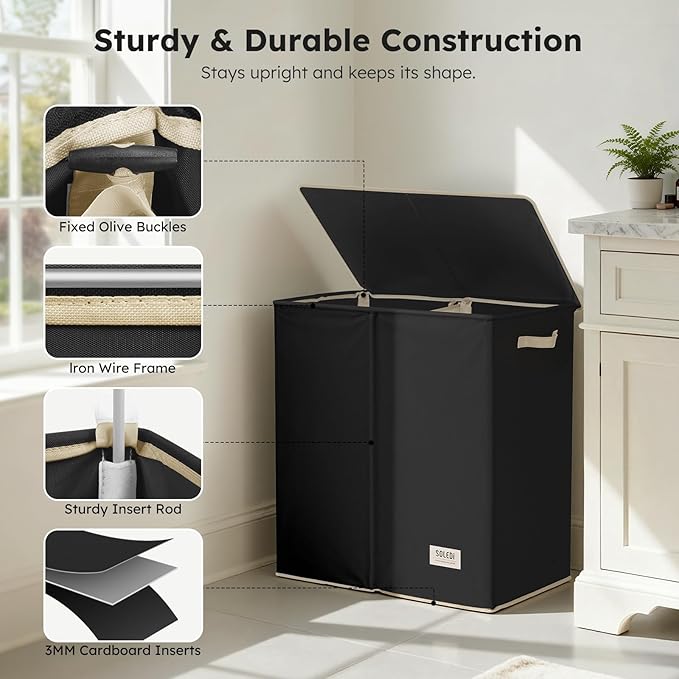 SOLEDI Large Double Laundry Hamper with Lid,165L Collapsible Clothes Hamper 2 section with Removable Bags, Space-Saving Laundry Basket for Bedroom, Dorm, College