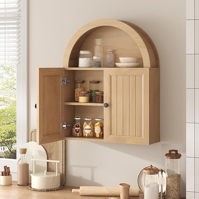 Arched Bathroom Wall Cabinet, 23.6 x 30.3'' Over The Toilet Cabinet with Grille Door, Adjustable Shelf, Wall Mounted Cabinets for Bathroom Laundry Room Kitchen (Oak, 30IN)
