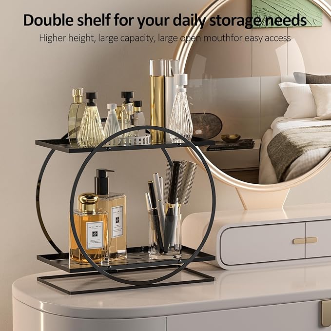 2 Tier Perfume Organizer for Dresser, Black Gold Perfume Makeup Perfume Stand Organizer for Vanity, Cosmetics Ideal Gift for Perfume Lovers-Black