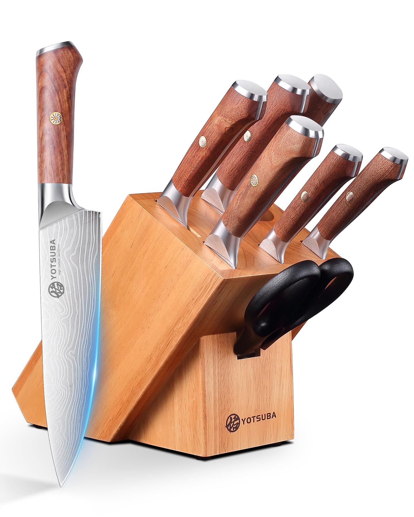 YOTSUBA 7PCS Japanese Kitchen Knife Set with Genuine Natural Rosewood Ergonomic Handle & Gift Box, Professional Ultra Sharp High Carbon Stainless Steel Knives for Cooking