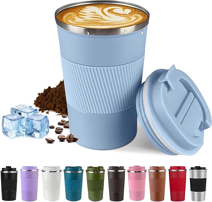 Vacuum-Insulated Stainless Steel Travel Coffee Mug, Leak-Proof Reusable Coffee Cup with Lid - Keep Hot & Cold Drinks for Hours, Durable Insulated Tumbler for Men & Women(3rd-Light Blue, 12OZ)