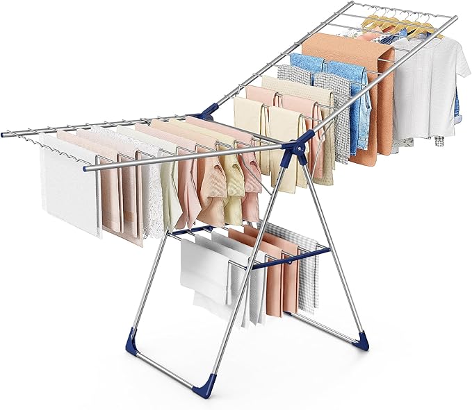 Clothes Drying Rack with Height-Adjustable Wings, Metal Foldable Laundry Dryer Stand for Clothing & Bedding, Free-Standing Collapsible for Indoor & Outdoor Use, 69.5" L × 22.8" W, Silver Blue