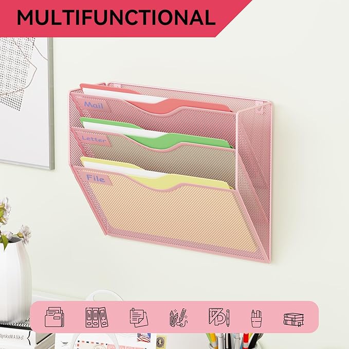 3 Pockets Hanging Wall File Organizer Mail Holder, Wall Mounted Paper Document Folder Holder, Clipboard Storage Organization Magazine Rack, Pink