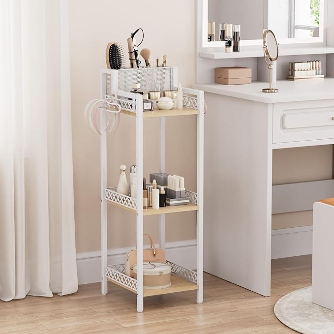 Slim Bathroom Storage Shelf Unit, 3 Tier Corner Storage, Rustic Makeup Organizer, Space-Saving Floor Standing Storage Shelves for Bathroom, Vanity,Kitchen, Laundry 9.85im Matte White