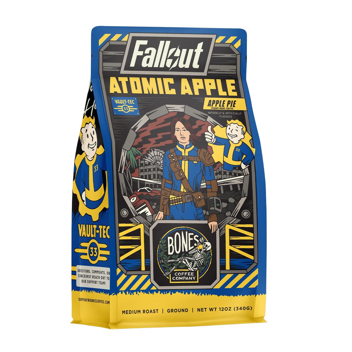 Bones Coffee Company Fallout Valiant Vanilla, Vanilla Wafer Flavored Coffee, Medium Roast Low Acid Arabica Beans Compatible with Auto drip and French Press Coffee Maker, 12 Oz Whole Bean