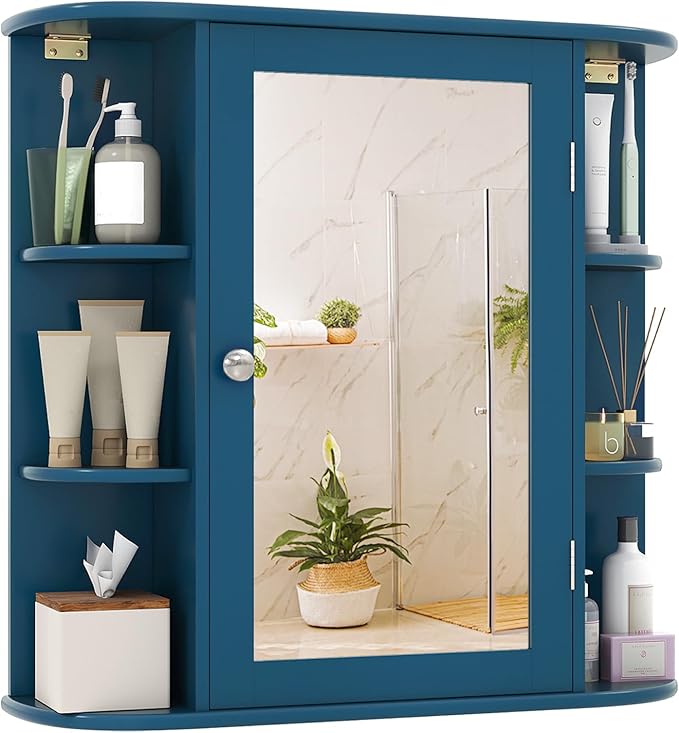Tangkula Bathroom Medicine Cabinet with Mirror, Wall Mounted Home Storage with Door & 6 Open Shelves, Adjustable Shelves, Mirrored Bathroom Wall Cabinet (Blue)