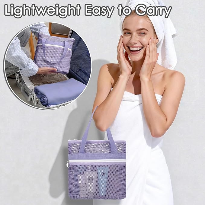 Mesh Shower Caddy Portable Shower Bag for Travel, Gym, Camping – Quick-Dry Hanging Toiletry Organizer with Zipper Pockets for Bathroom Essentials,Purple