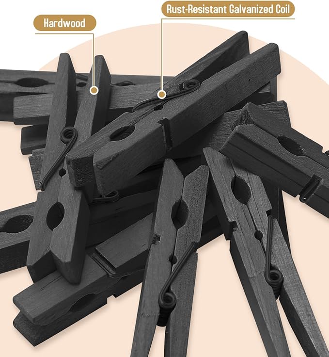 100 Pack Black Clothespins 2.9 Inch, Heavy-Duty Wood Rust-Resistant Clothes Pins, Solid Birch Clips for Laundry, Photo Wall Displays, Craft Projects & Classroom Decoration