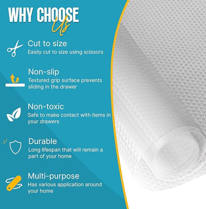 Refrigerator Liners for Shelves by Linda’s Essentials - Easy to Clean Fridge Liner with Spill Protection Fridge Shelf Liners & Drawer Liner, Nonslip BPA-Free Refrigerator Mats (Clear Roll)