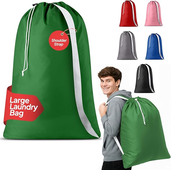 Handy Laundry Bag Shoulder Strap Extra Large - Drawstring Locking Closure, Durable Material, Heavy Duty Stitching, Hands Free Carrying - Perfect College Dorm (Green, 30" x 40")