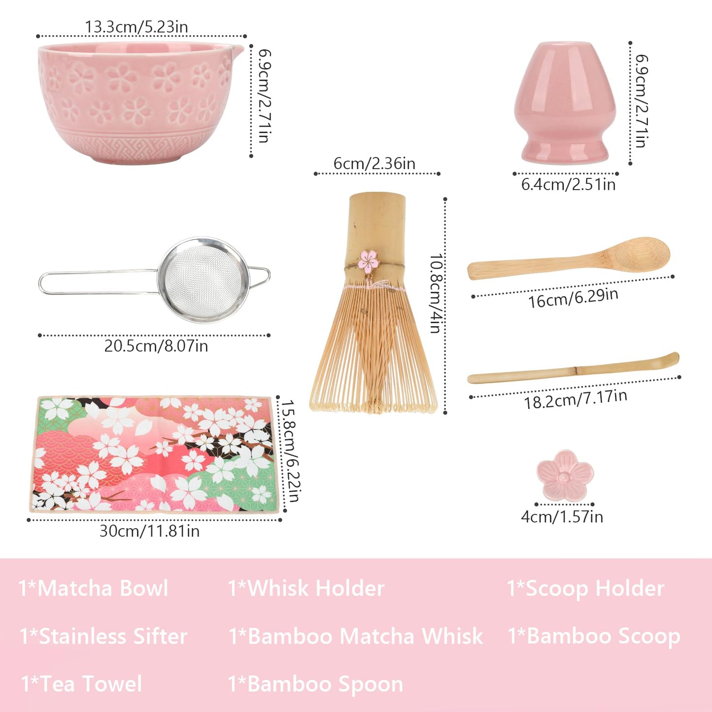 Matcha Whisk Set, Ceramic Matcha Set Includes Matcha Bowl, Bamboo Matcha Whisk and Holder, Bamboo Scoop, Scoop Holder, matcha sifter and Tea Towel - Matcha Kit for Matcha Lovers (Pink)