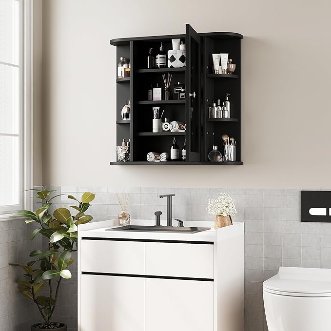Shintenchi Bathroom Wall Cabinet with Mirror, Mounted Medicine Cabinets with 4 Internal and 6 Open Shelves, Mirrored Door Over The Toilet Storage, Black