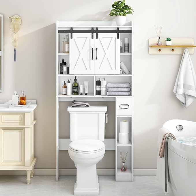 Vabches Over The Toilet Storage Cabinet, Farmhouse Storage Cabinet Over Toilet with Sliding Doors，Home Space-Saving Toilet Rack, for Bathroom, Restroom, Laundry