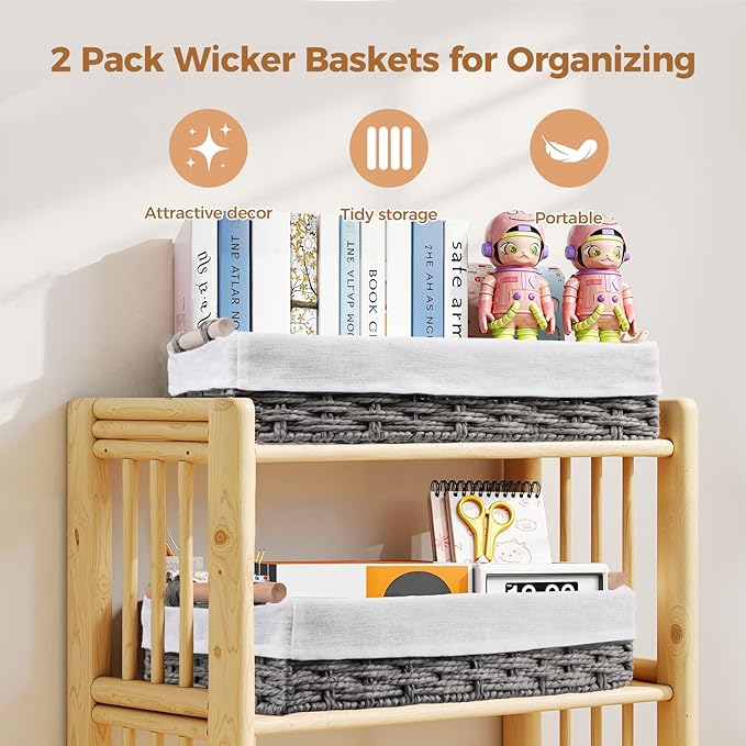 HomeHacks 2 Pack Storage Basket Paper Rope Baskets for Organizing with Handle Decorative Storage Bins for Countertop Toilet Paper Basket for Toilet Tank Top Large Baskets, Grey