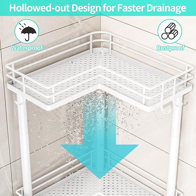 HapiRm Corner Shower Caddy Organizer - 4 Tier Shower Shelf Corner with Soap Holder, Rustproof Bathroom Standing Organizer with 4 Hooks, White
