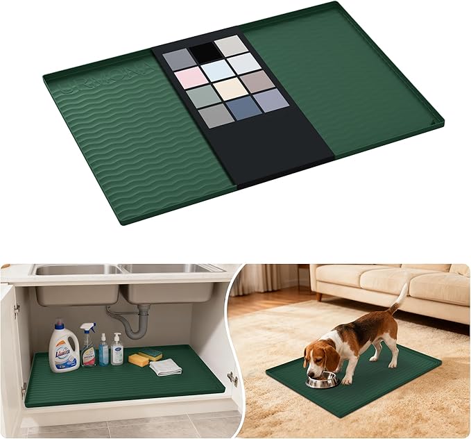 URMONA Waterproof Silicone Under Sink Mat 28'' x 22'' Shelf Liner for Kitchen and Bathroom, Cabinet and Counter Protector, Storage and Organizers, Litter Mat, Pet Cat Puppy Essentials(Green)