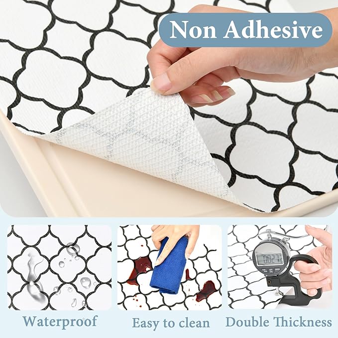 Shelf Drawer Liners for Kitchen Cabinets 11.8 x 236 Inches Non Adhesive Drawer Liner Thickened Refrigerator Liner Black Quatrefoil Strong Non-Slip Paper for Tool Box with Knife and Tape Measure