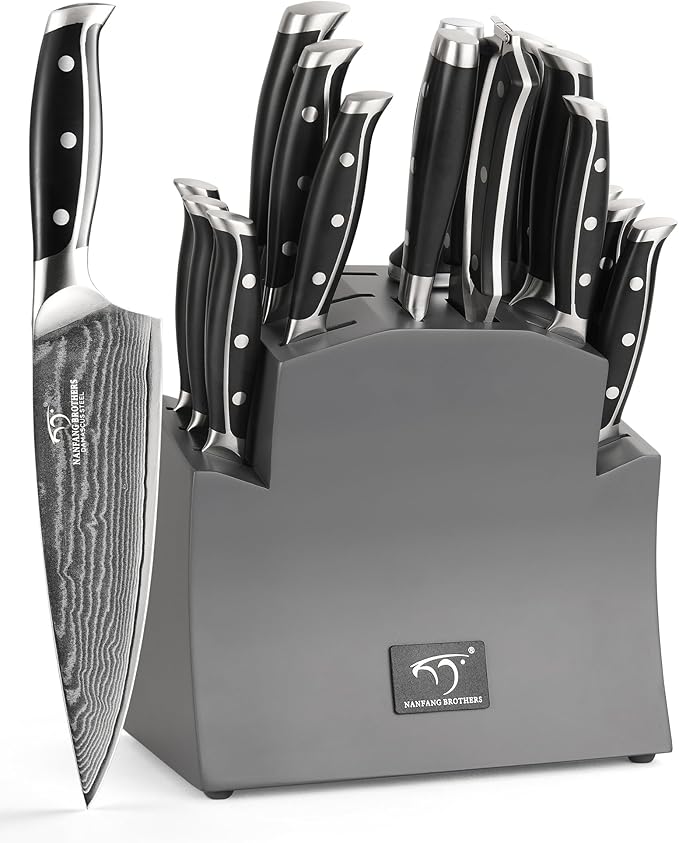 16-Piece Damascus Knife Set with Block, VG10 67-Layer Damascus Steel Kitchen Knife Set with Triple-Rivet Handles, 6 Steak Knives, Meat Fork, Sharpener & Scissors, Natural Wood