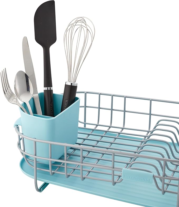 KitchenAid Low Profile Compact Dishrack with Removable Flatware Caddy and Angled Self-Draining Board, Rust Resistant Wires, 12.59 x 17.55 x 6.29 Inch, Mineral Water
