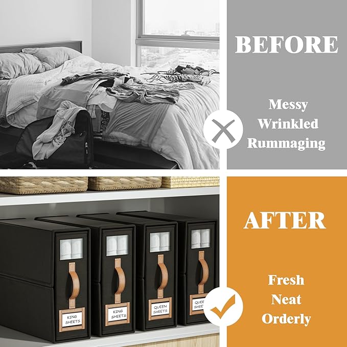 3 Pack Foldable Bed Sheets Set Organizers and Storage(King & Queen Size),Linen Fabric Closet Organizers with Window,Folding Bedding Storage Box for Bedsheets and Pillow Cube Organizer-Black