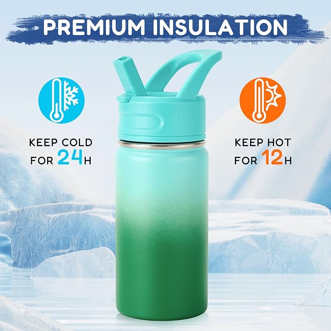 12oz Kids Water Bottle for School, Toddler Bottles with Straws, Stainless Steel Vacuum Insulated Water Bottle for Boys&Girls, Leak-Proof, BPA-Free, Nature Couple