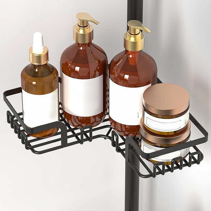 Tension Pole Shower Caddy 5x Stability, Adjustable Floor to Ceiling Shower Organizer, Standing Shower Tension Rod Shelves, 4 Tier Storage Shelves with 2 Soap Holders/Hanging or Adhesive, 25in-114in