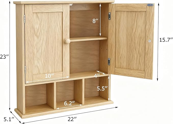 TaoHFE Natural Wooden Color Bathroom Wall Cabinet with 2 Door Adjustable Shelves,Over The Toilet Storage Wall Mounted Medicine Cabinets for Bathroom Laundry Room Kitchen