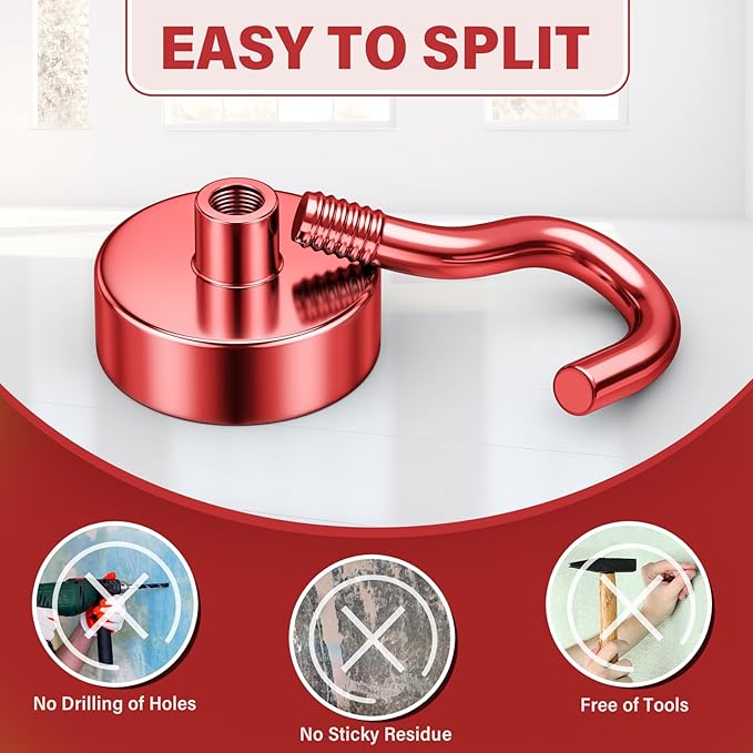 Magnetic Hooks, 25 lbs Magnetic Hooks, Magnet Hook for Cruise Cabins, Magnet Metal Hooks for Refrigerator, Mugs, Classroom, Kitchen, Home (Red, 8 Pack)