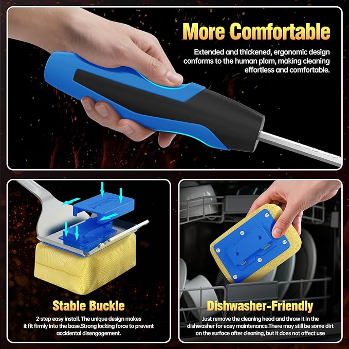 Grill Brush Bristle Free for Outdoor Grill,BBQ Grill Cleaner Brush and Scraper with Replaceable Head,Safe Steam Cleaning 17'' Long Handle Grilling Accessories for Cast Iron Stainless Steel Grates,Blue