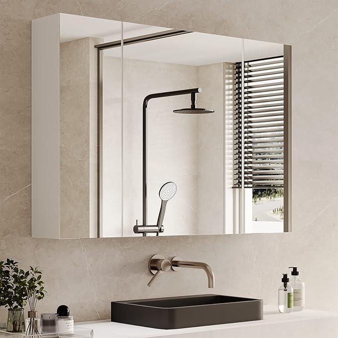 Medicine Cabinets Bathroom Mirror Cabinet with 3 Door 31.5x23.6 Inch Bathroom Wall Cabinet with Mirror Wall Mirror Storage Shelf with 3-Adjustable Shelves Storage Organizer Kitchen Cupboard,White