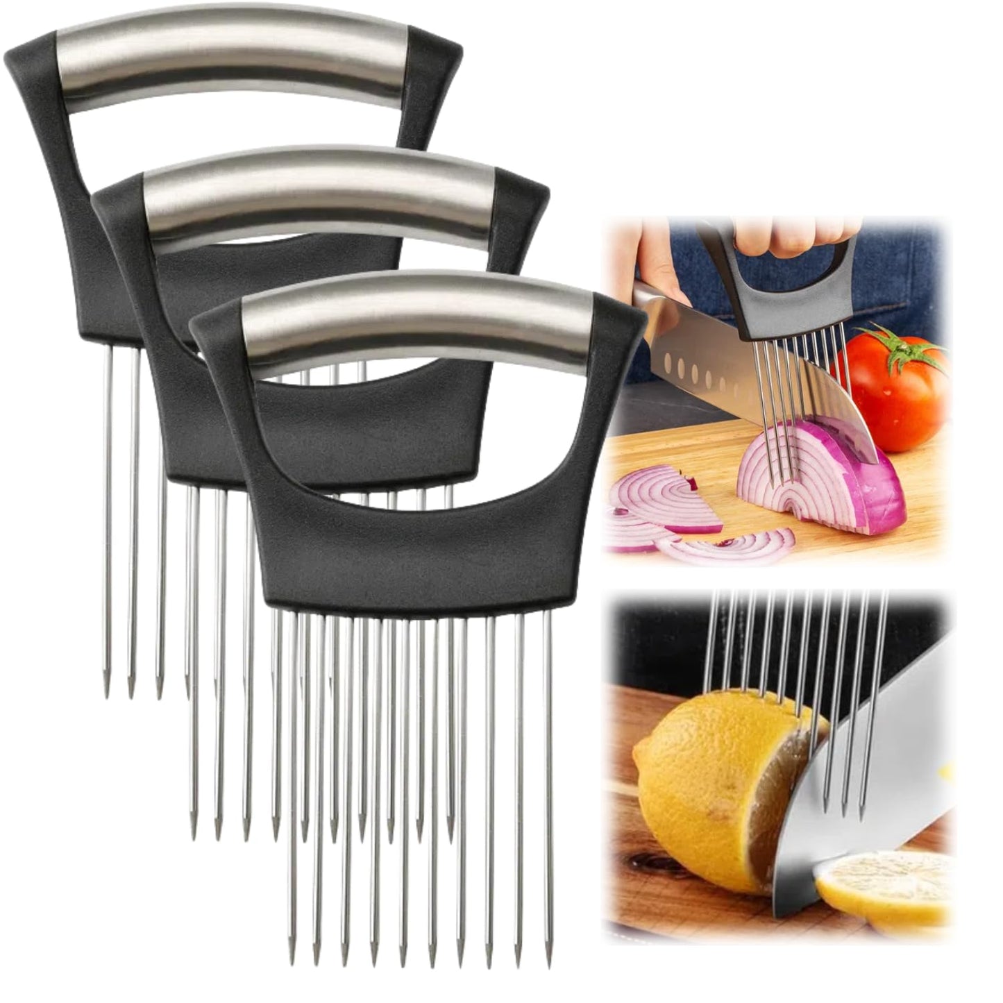Ultra Onion Slice Holder - Stainless Steel Holder for Slicing Meat, Onion, Potato, Tomato - 3 Pack