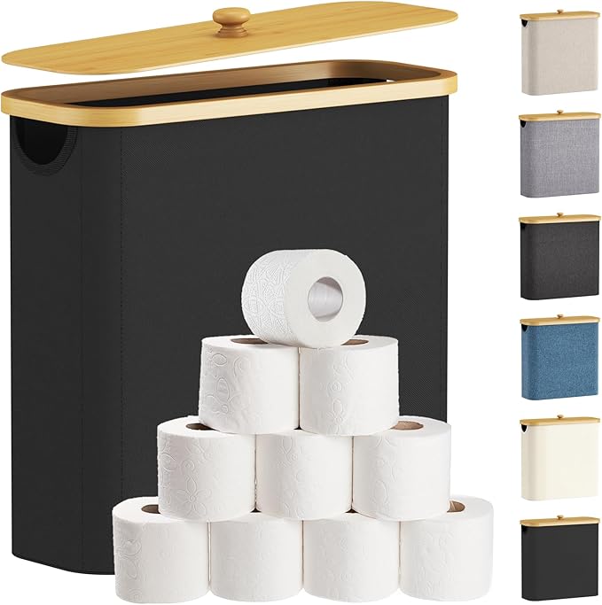 Lifewit Toilet Paper Storage Holder for 12 to 16 Rolls, Free Standing Toilet Paper Basket Stand with Bamboo Lid, Collapsible Fabric Bathroom Organizer Box for Mega Rolls, 30L, Extra Large, Black
