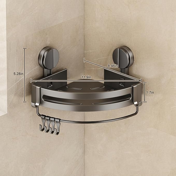 VOLPONE Shower Caddy Suction Cup, 1 Pack Corner Shower Shelves No Drilling, Showers Organizer Storage with Towel Bar & Removable Hooks, Bathroom Shower Shelf Rack for Inside Showers, Triangle