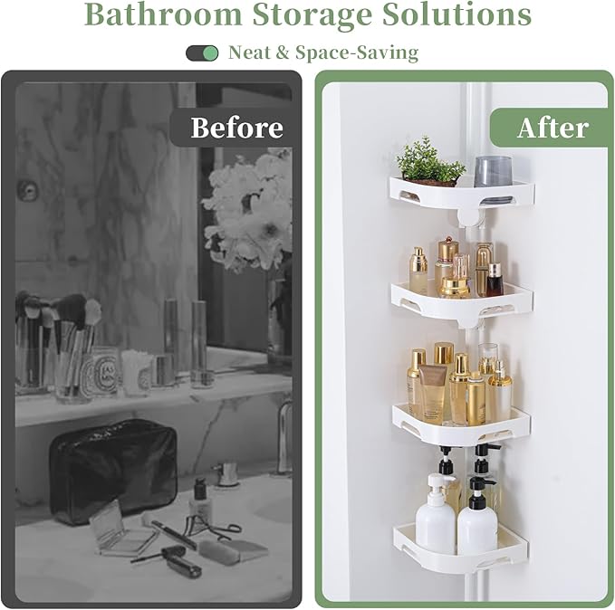 Tension Pole Shower Caddy Organizer with 4 Tier L-Shaped Rust Resistant Bathroom Corner Shelves with 34-124 Inch Adjustable No Drilling Quick Install Shower Rack for Bath Essentials (White)