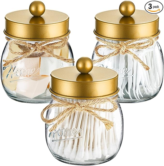 SheeChung 3Pack Warm Golden Undertones Bathroom Decor, Cotton Swab Holders, Bathroom Container Set, Restroom Decor for Cotton Round Pads, Balls, Floss Pick - Brushed Gold