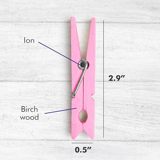 Zeno Pink Clothes Pins Wooden – 50 Pack Wooden Clothespins 2.9 Inch with Rust-Resistant Coil, Natural Wood Clips for Laundry, Hanging Clothes, Crafts & DIY - Pink