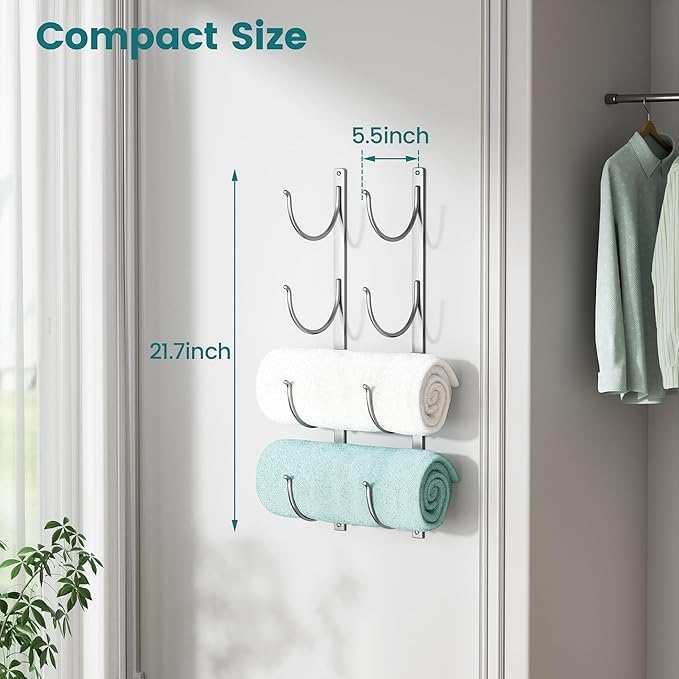Rolled Towel Rack for Bathroom– 4-Tier Rolled Towel Storage Holder,Metal Organizer for Towels & Large Bath Sheets, Space Saving Rack for Small Bathroom, RV, Camper, Closet, Silver Metal