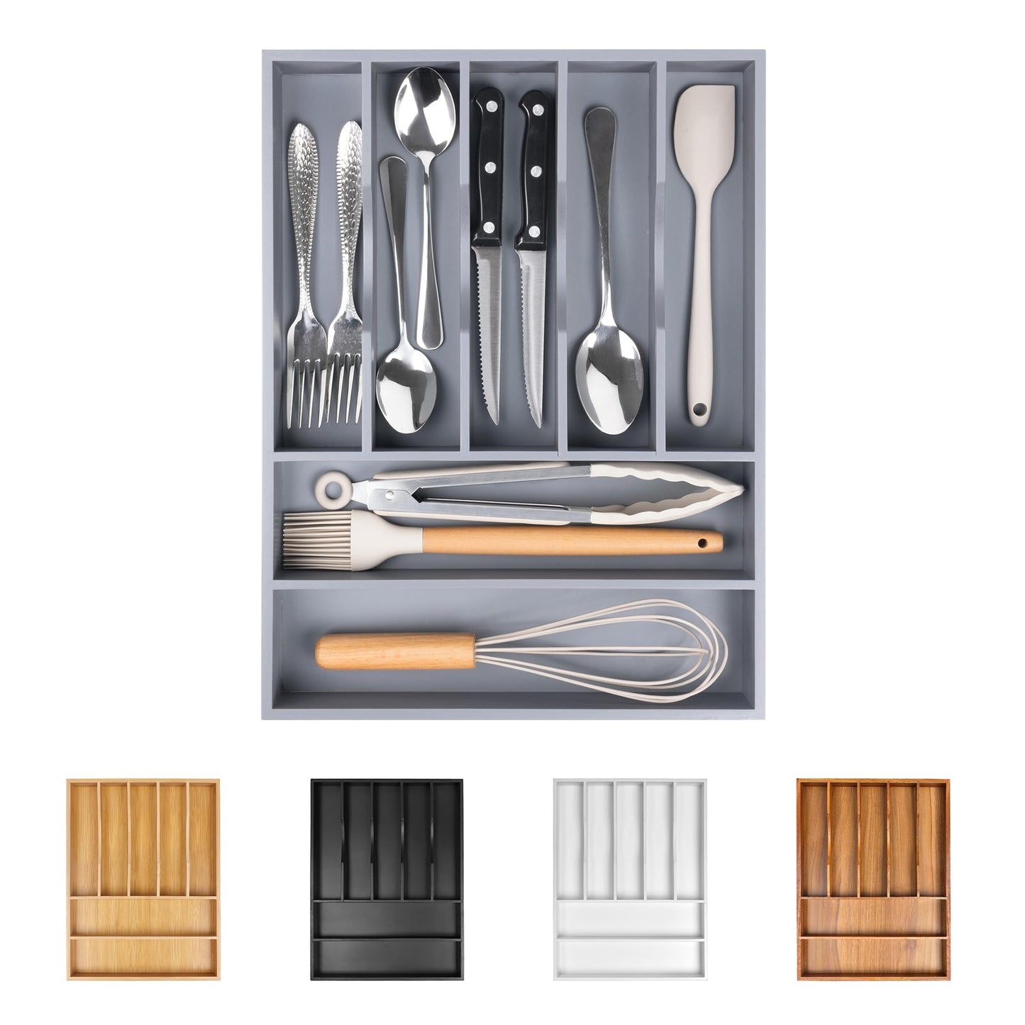 Bellsal Large Premium Acacia Wood Silverware Organizer - Expandable Utensil Drawer Organizer - 17"x19.6" Utensil Holder and Cutlery Tray with Grooved for Kitchen Flatware Utensils(7-9 Slot, Acacia)