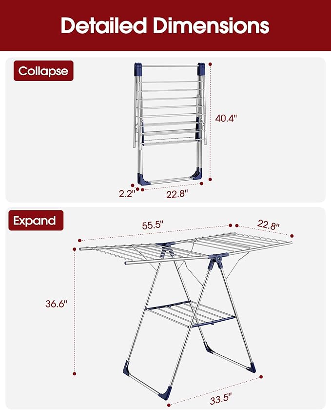 Clothes Drying Rack with Height-Adjustable Wings, Metal Foldable Laundry Dryer Stand for Clothing & Bedding, Free-Standing Collapsible for Indoor & Outdoor Use, 55.5" L × 22.8" W, Silver Blue